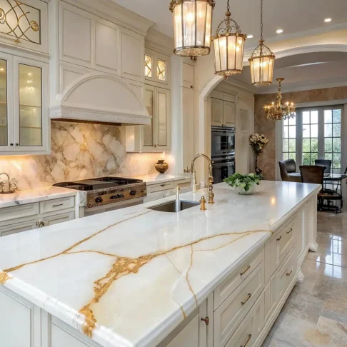Столешница и остров из оникса White Onyx — светлый остров в классическом интерьере кухни Фото 4