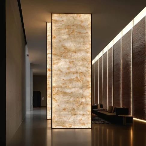 Стеновые панели из оникса White Onyx — вертикальные панели в интерьере коридора Фото 3