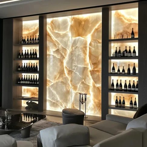 Стеновые панели из оникса White Onyx — декоративная панель с подсветкой у стеллажа Фото 4